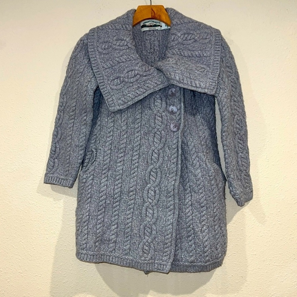 Aran Crafts Ireland Gray Merino Wool Button Knit Sweater Cardigan Women’s Small